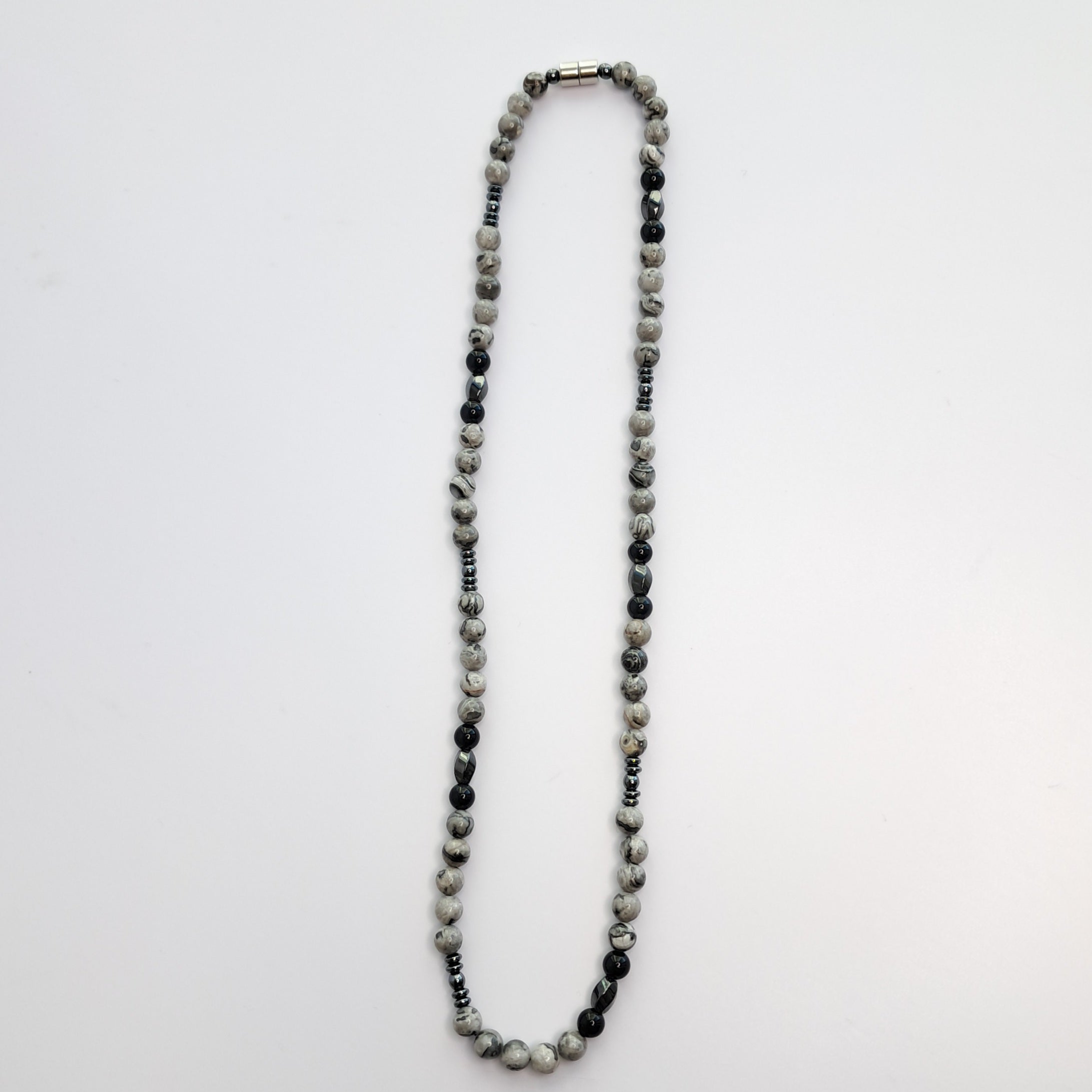 Collar jaspe picasso grey hematita y onix pulido
