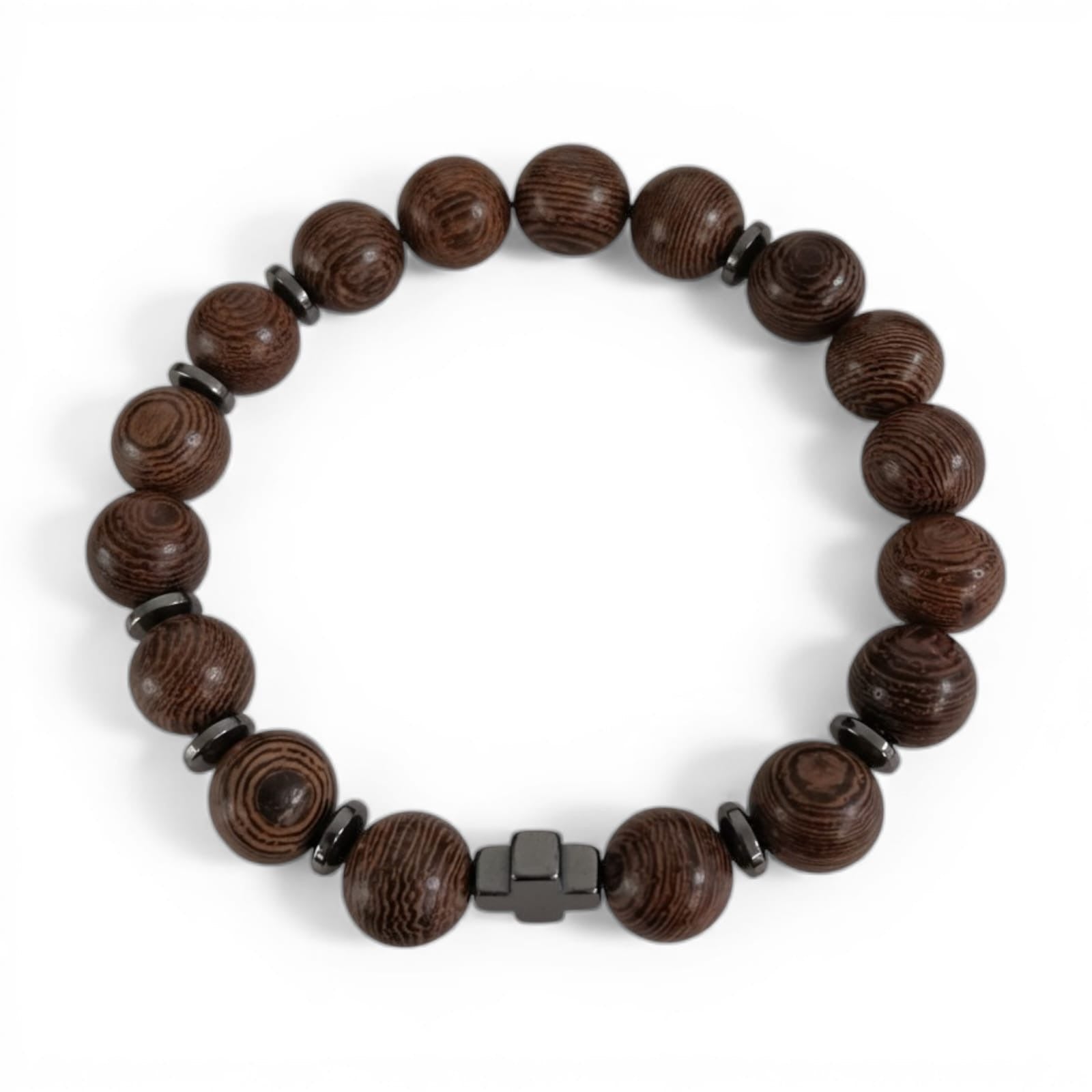 Pulsera Piedra Natural Elasticada "Crux Guardián" – Madera Natural y Hematita