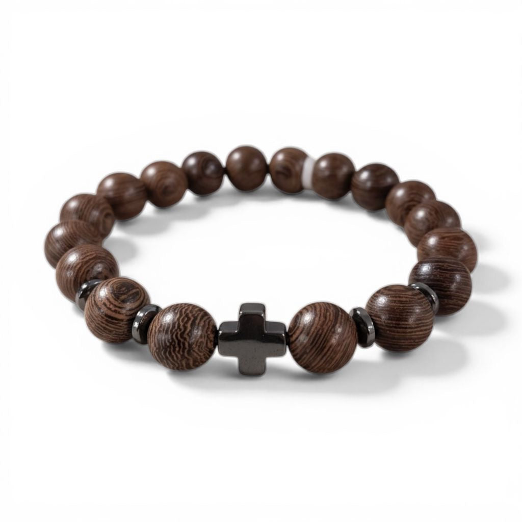 Pulsera Piedra Natural Elasticada "Crux Guardián" – Madera Natural y Hematita