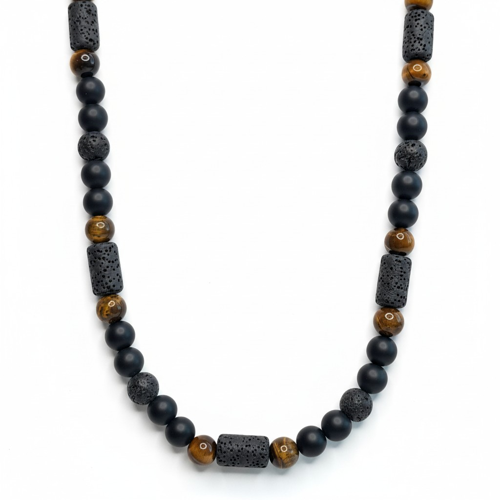 Collar de Piedras Naturales – Ónix Mate, Ojo de Tigre, Piedra Volcánica y Hematita
