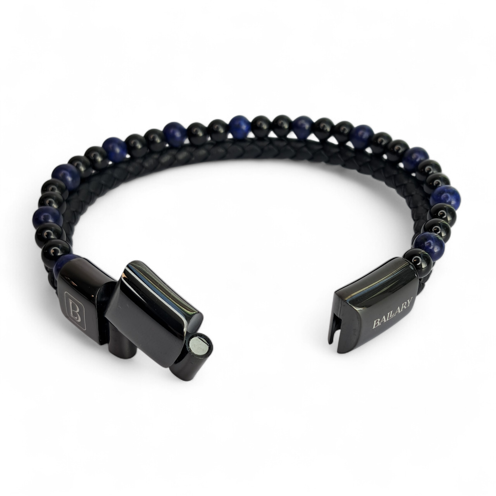 Pulsera Piedra Natural y Cuero genuino "Blue Night" – Cuero, Ónix Negro y Lapislázuli + Cierre Ajustable