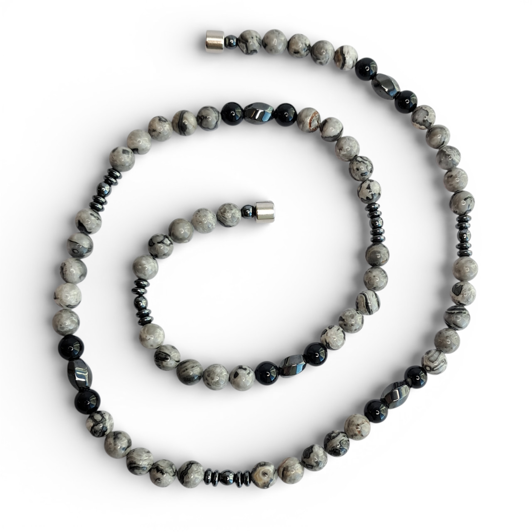 Collar Piedras Naturales – Jaspe Picasso Grey y Hematita