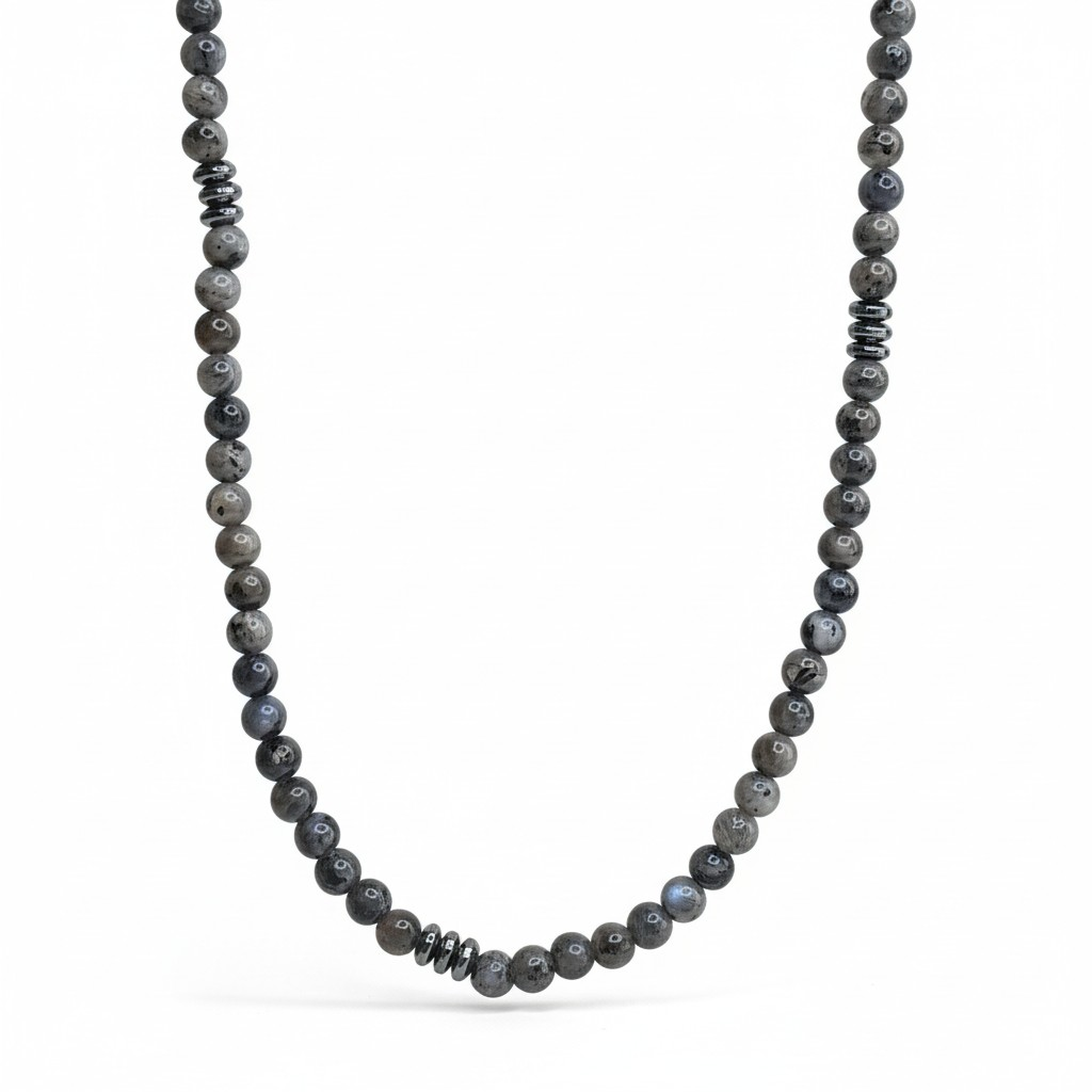 Collar Piedras Naturales – Jaspe Picasso Grey, Hematita y Onix Pulido