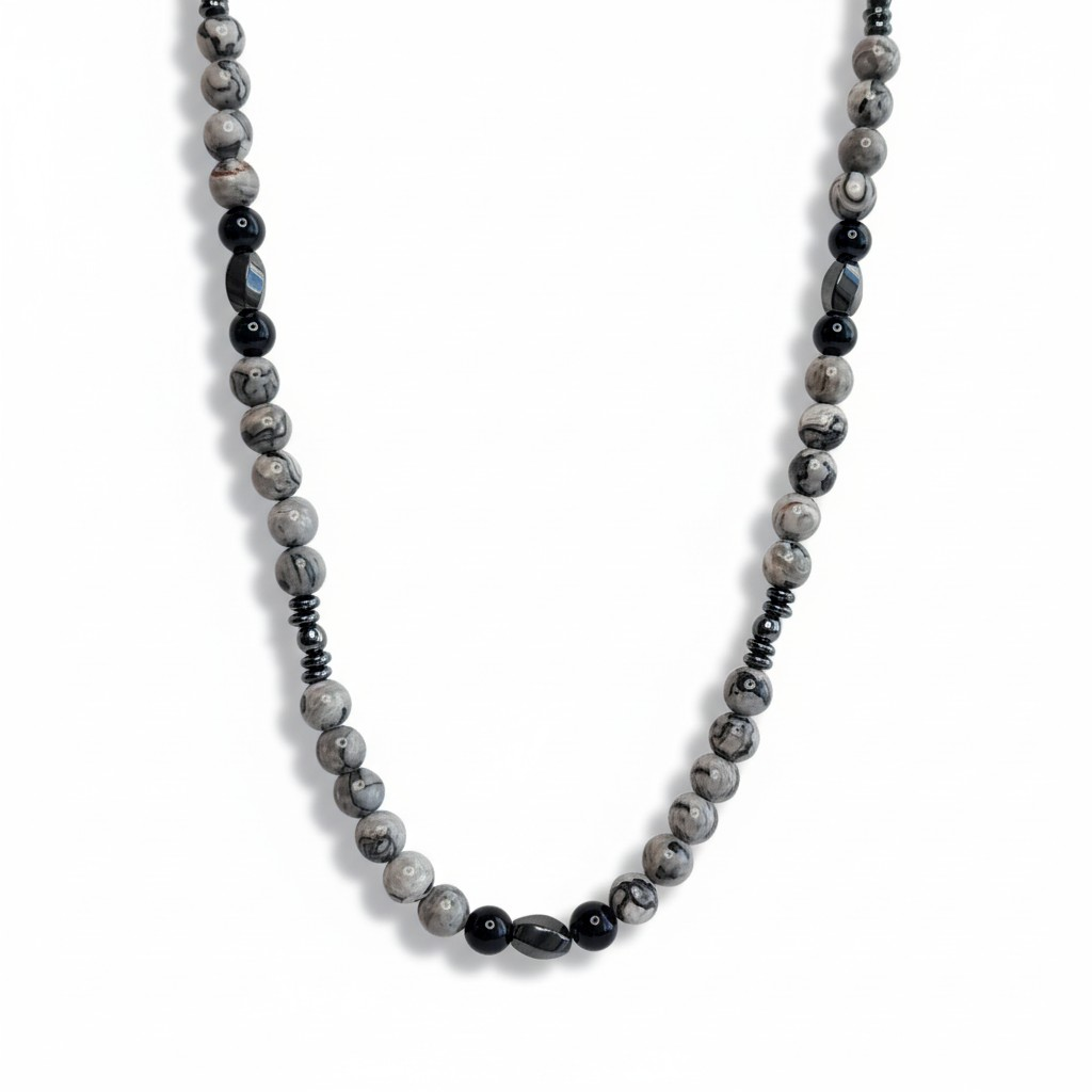 Collar Piedras Naturales – Jaspe Picasso Grey y Hematita