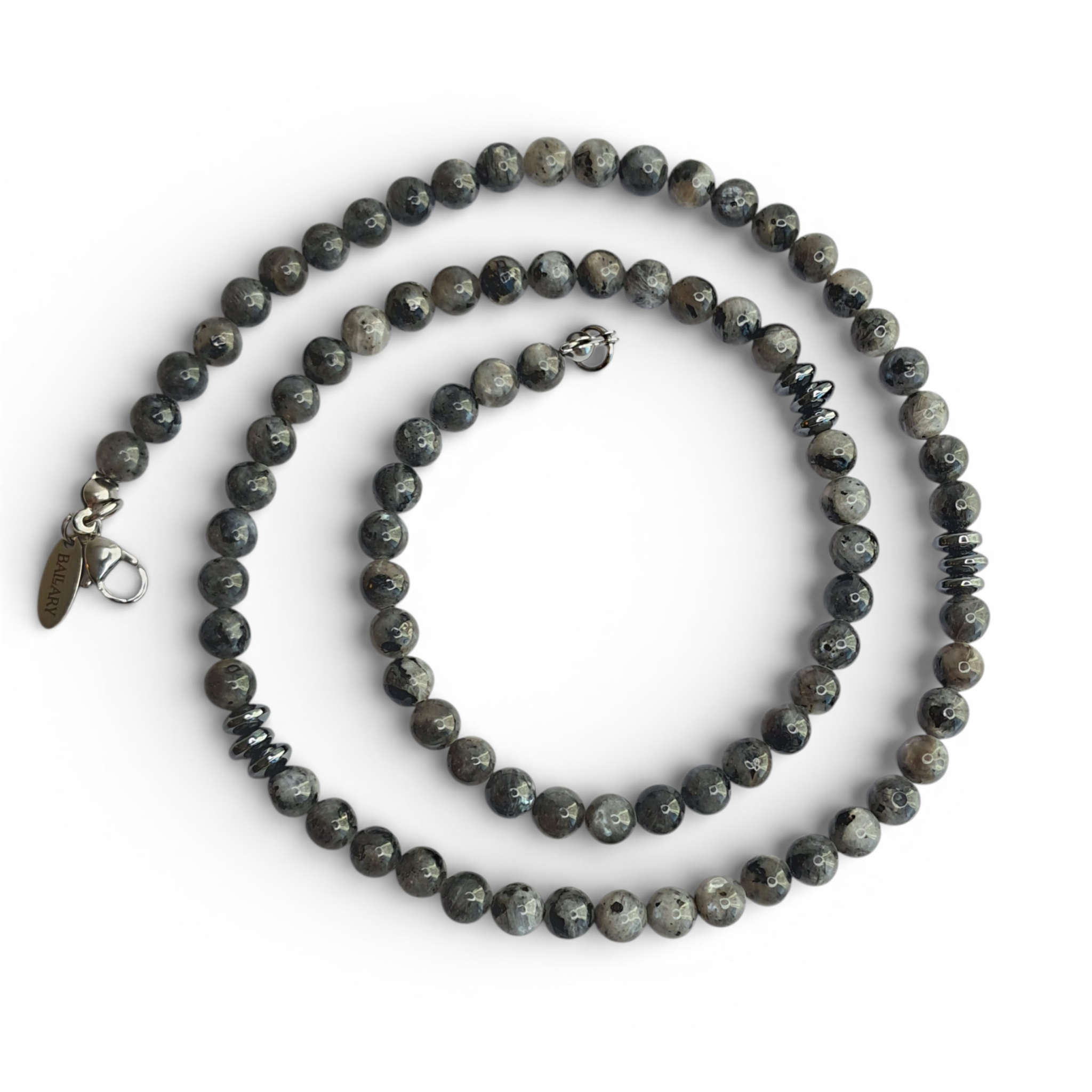 Collar Piedras Naturales – Jaspe Picasso Grey, Hematita y Onix Pulido