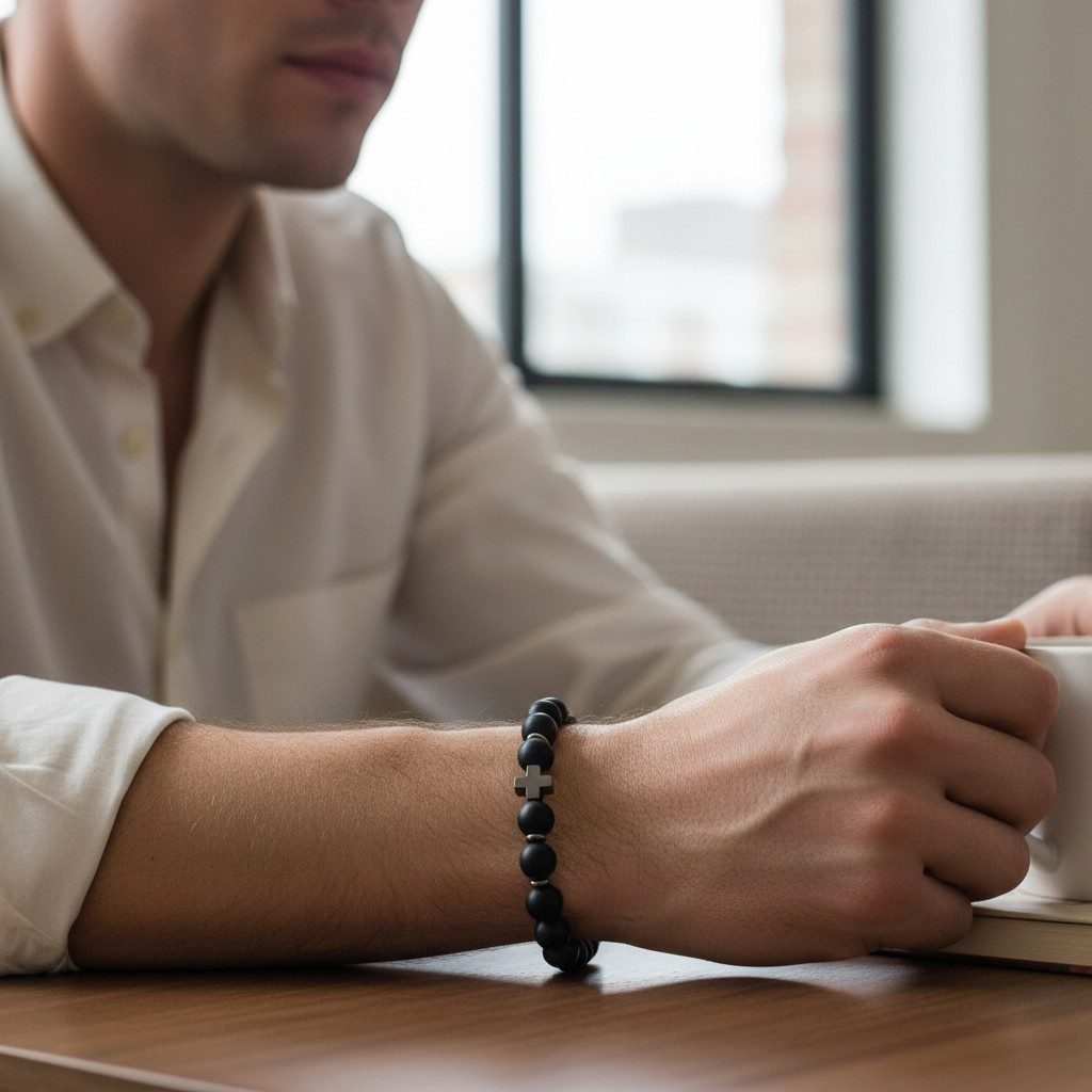 Pulsera Piedra Natural Elasticada "Crux Guardián" – Ónix y Hematita