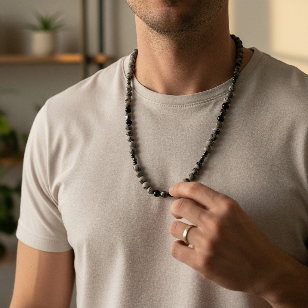 Collar Piedras Naturales – Jaspe Picasso Grey y Hematita