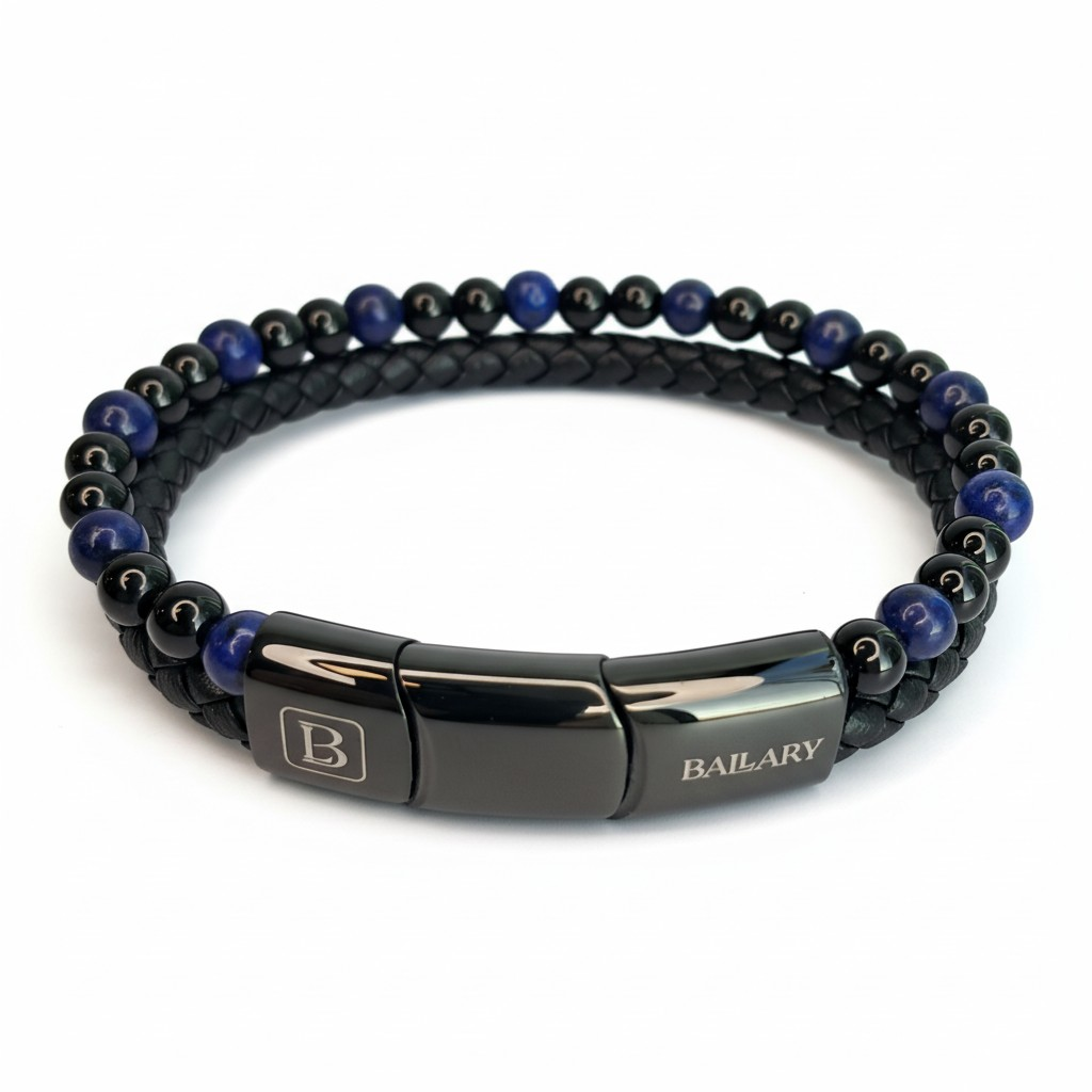 Pulsera Piedra Natural y Cuero genuino "Blue Night" – Cuero, Ónix Negro y Lapislázuli + Cierre Ajustable