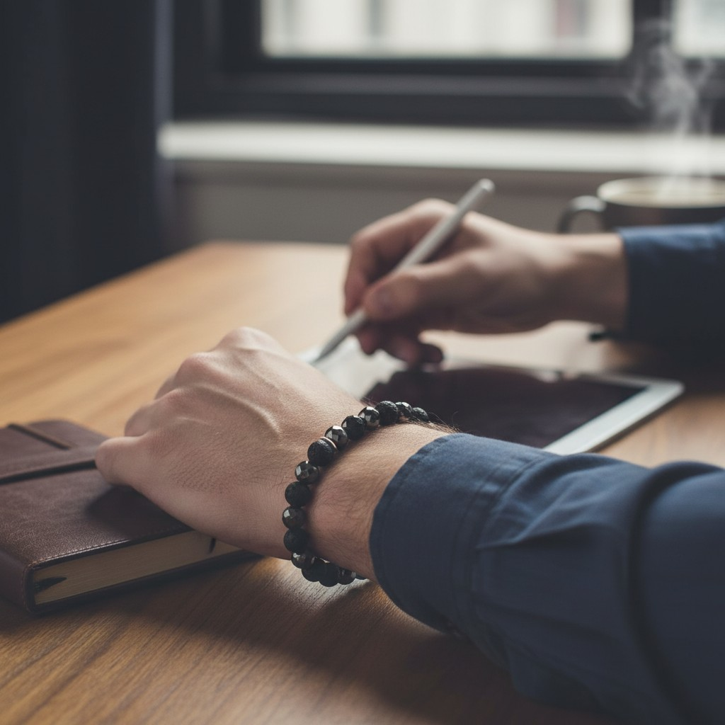 Pulsera Piedras Naturales Elasticada – Volcánica y Hematita Biselada