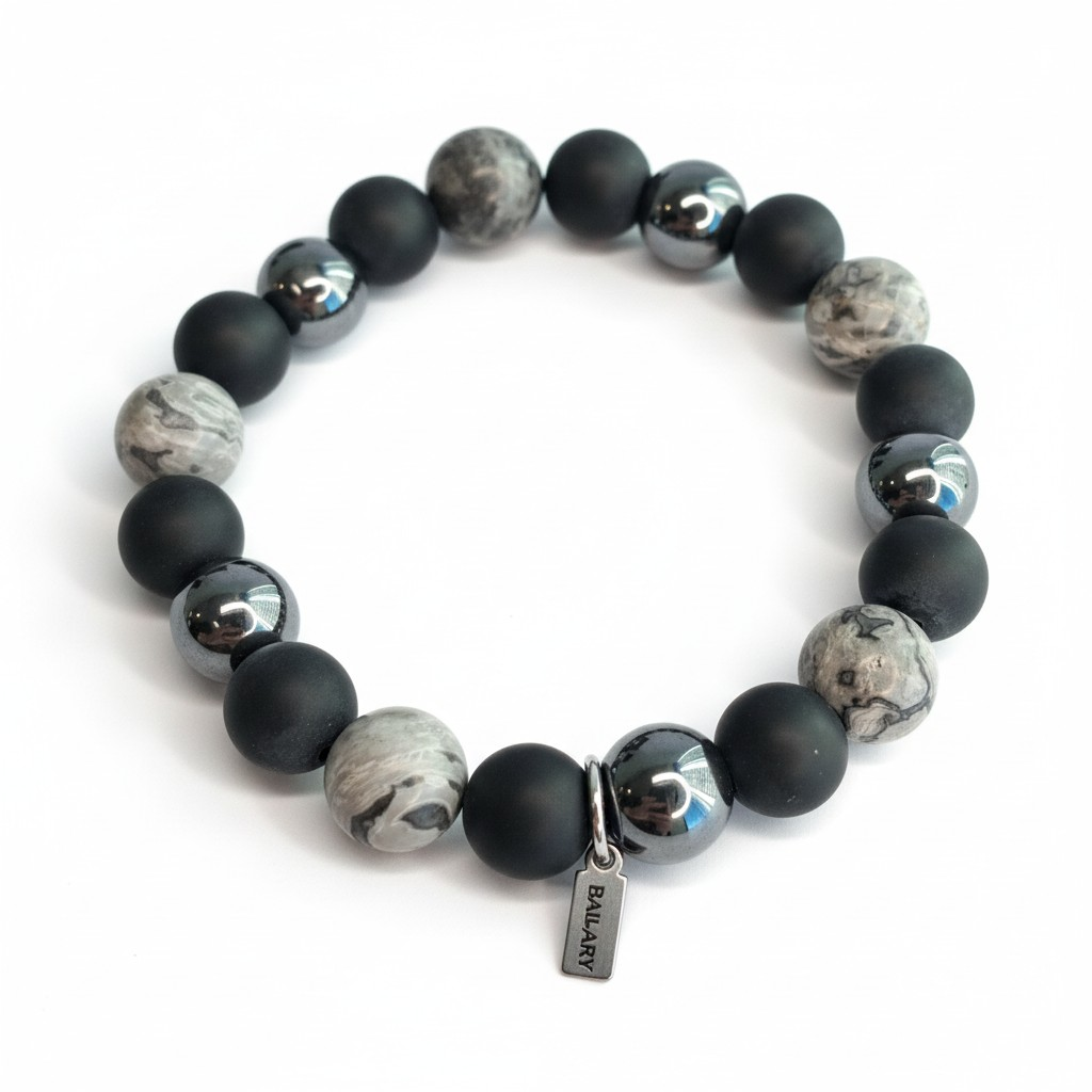 Pulsera Piedras Naturales Elasticada "Stone Matrix" – Ónix, Hematita y Jaspe Picasso Grey