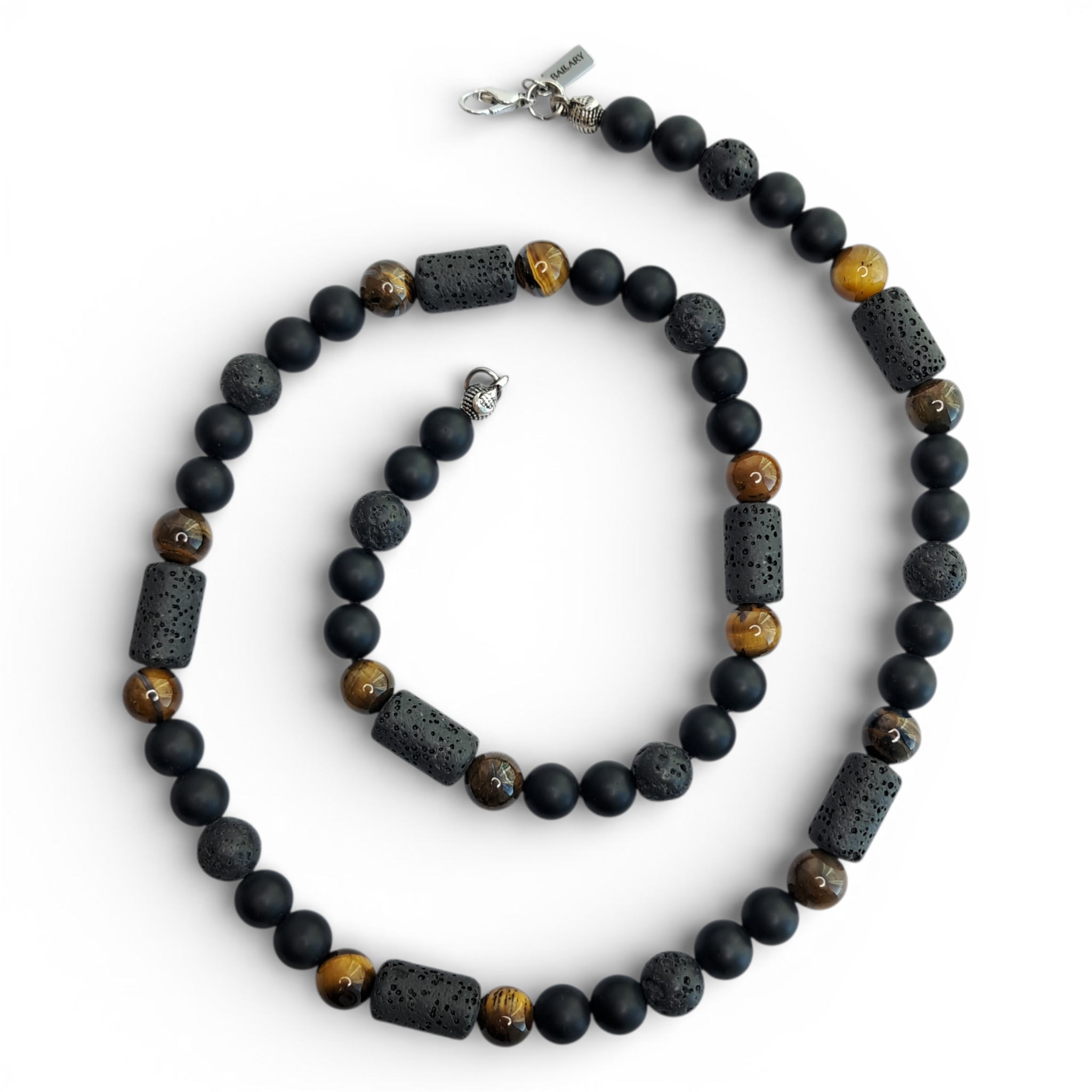 Collar de Piedras Naturales – Ónix Mate, Ojo de Tigre, Piedra Volcánica y Hematita