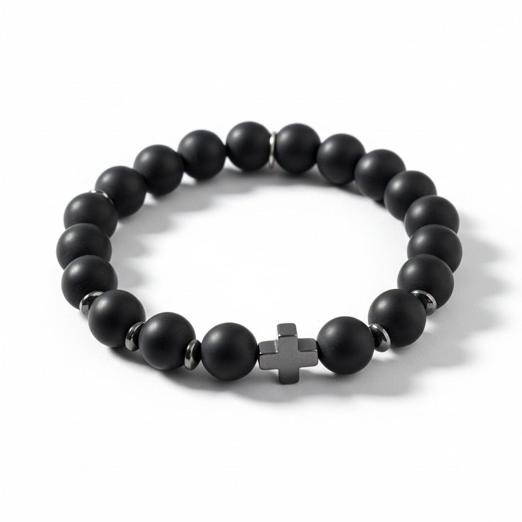 Pulsera Piedra Natural Elasticada "Crux Guardián" – Ónix y Hematita
