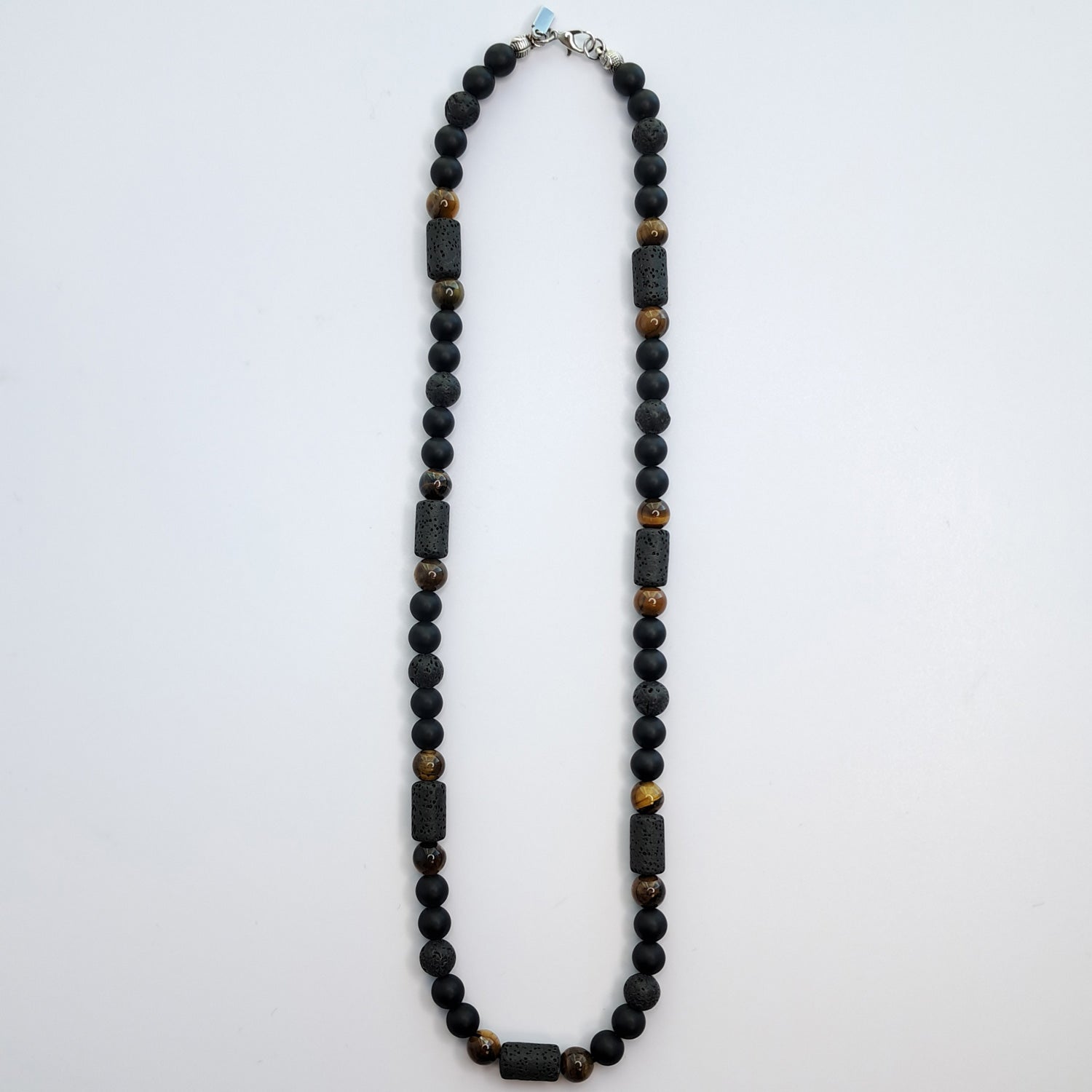 Collar onix mate ojo de tiegre piedra volcanica y hematita