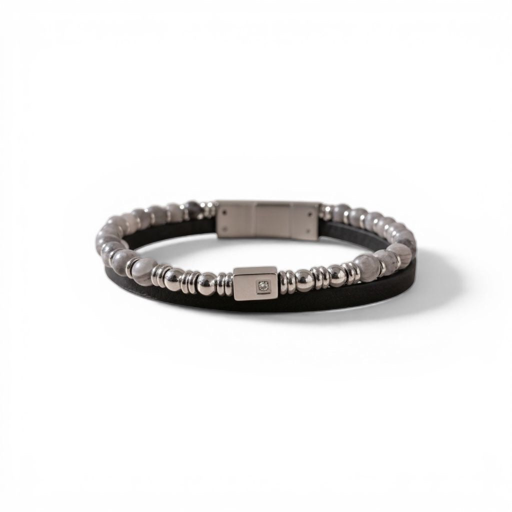 Pulsera Cuero Genuino + Piedra Natural "Dual Grey" – Cuero Black + Jaspe Picasso Grey
