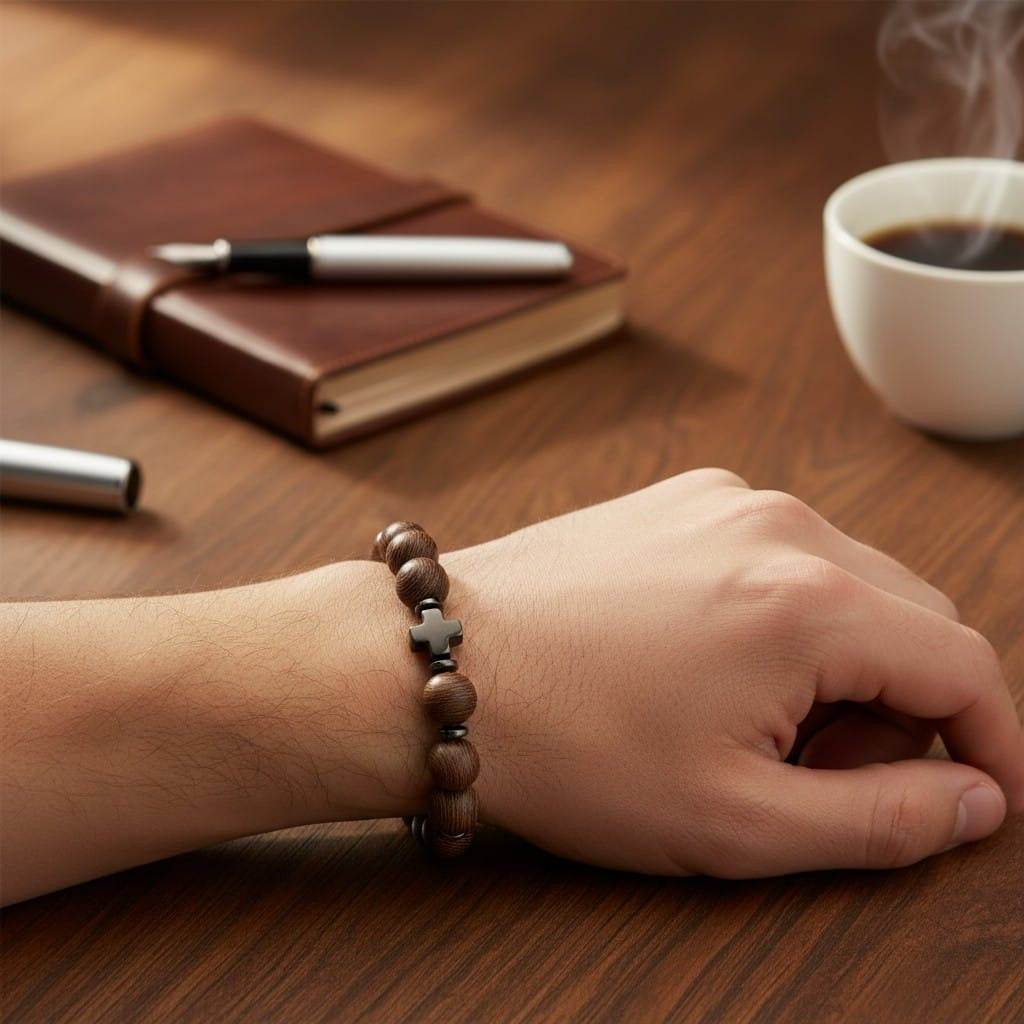 Pulsera Piedra Natural Elasticada "Crux Guardián" –  Madera Natural y Hematita