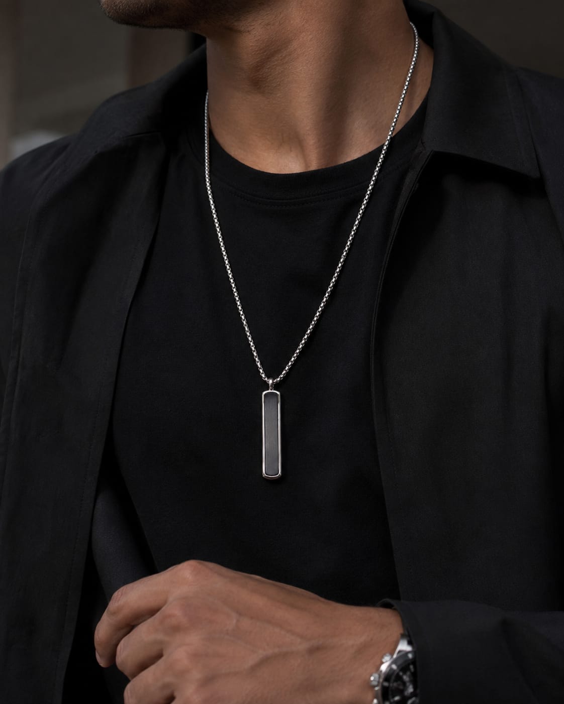 Collar Acero 316L – Barra Minimalista Silver– Black Onyx
