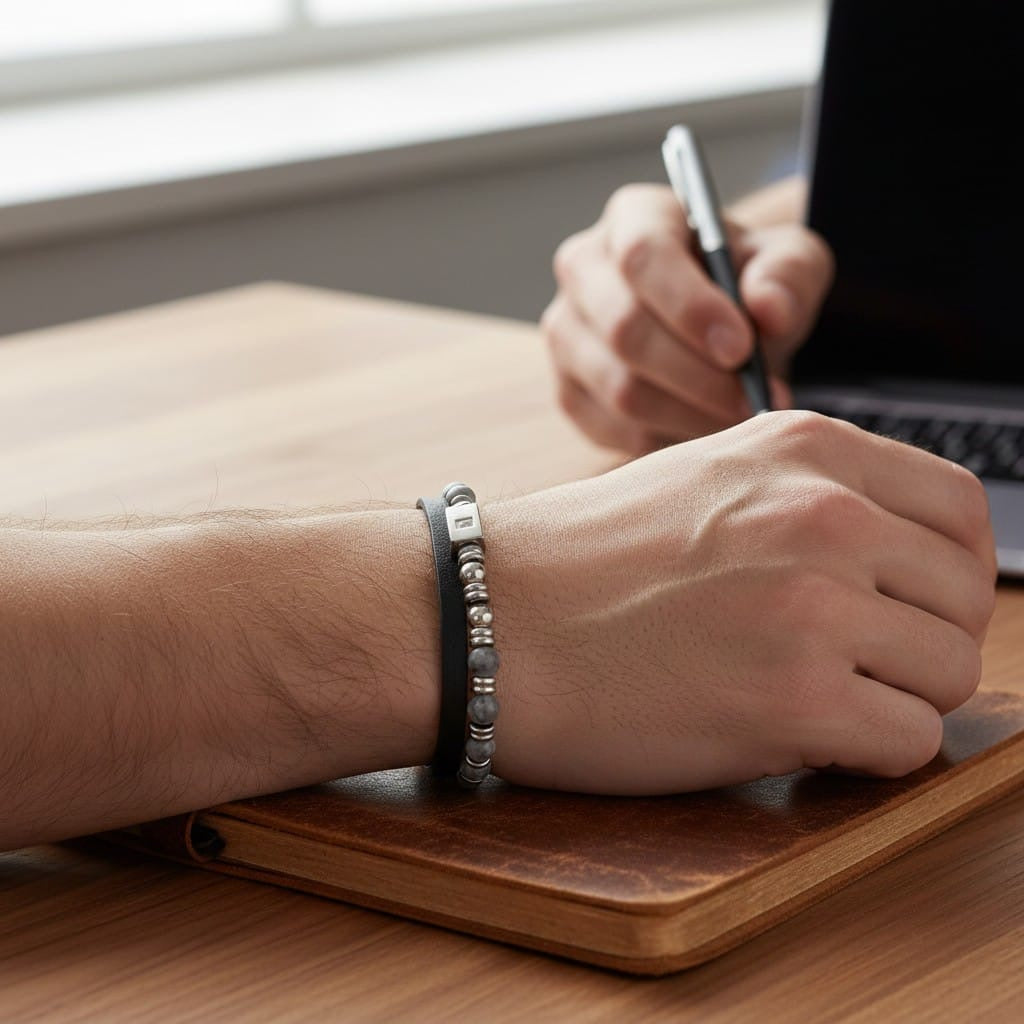 Pulsera Cuero Genuino + Piedra Natural "Dual Grey" – Cuero Black + Jaspe Picasso Grey