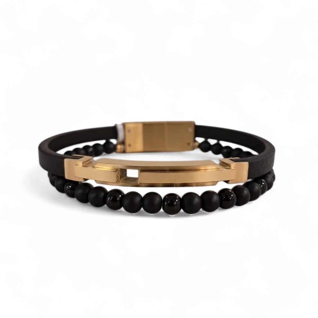 Pulsera Cuero Genuino + Piedra Natural "Onyx & Gold" – Piedra Ónix y Cuero Black