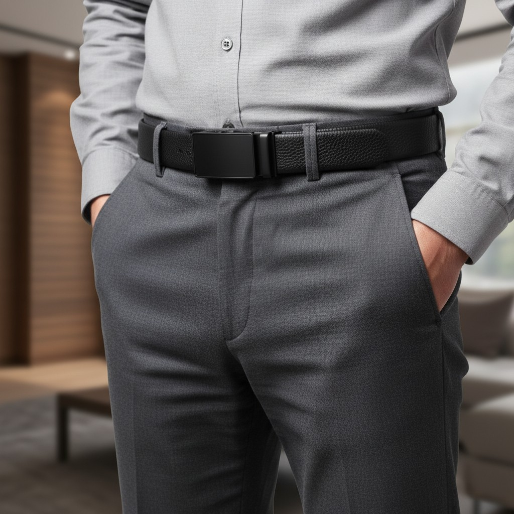 Cinturón de Cuero Genuino Casual, Ajuste Automático – Hebilla black