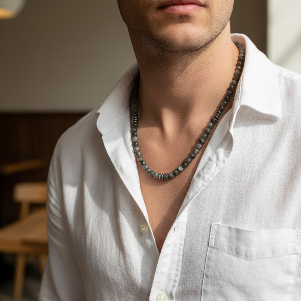 Collar Piedras Naturales – Jaspe Picasso Grey, Hematita y Onix Pulido