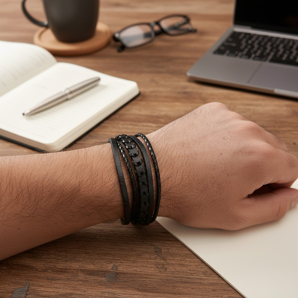 Pulsera Cuero Genuino "Quinto Elemento" – Pulsera Quíntuple + Cierre Ajustable
