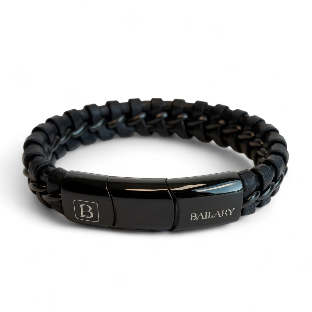 Pulsera Cuero Genuino "Crossover Black" – Cuero y Acero + Cierre Ajustable