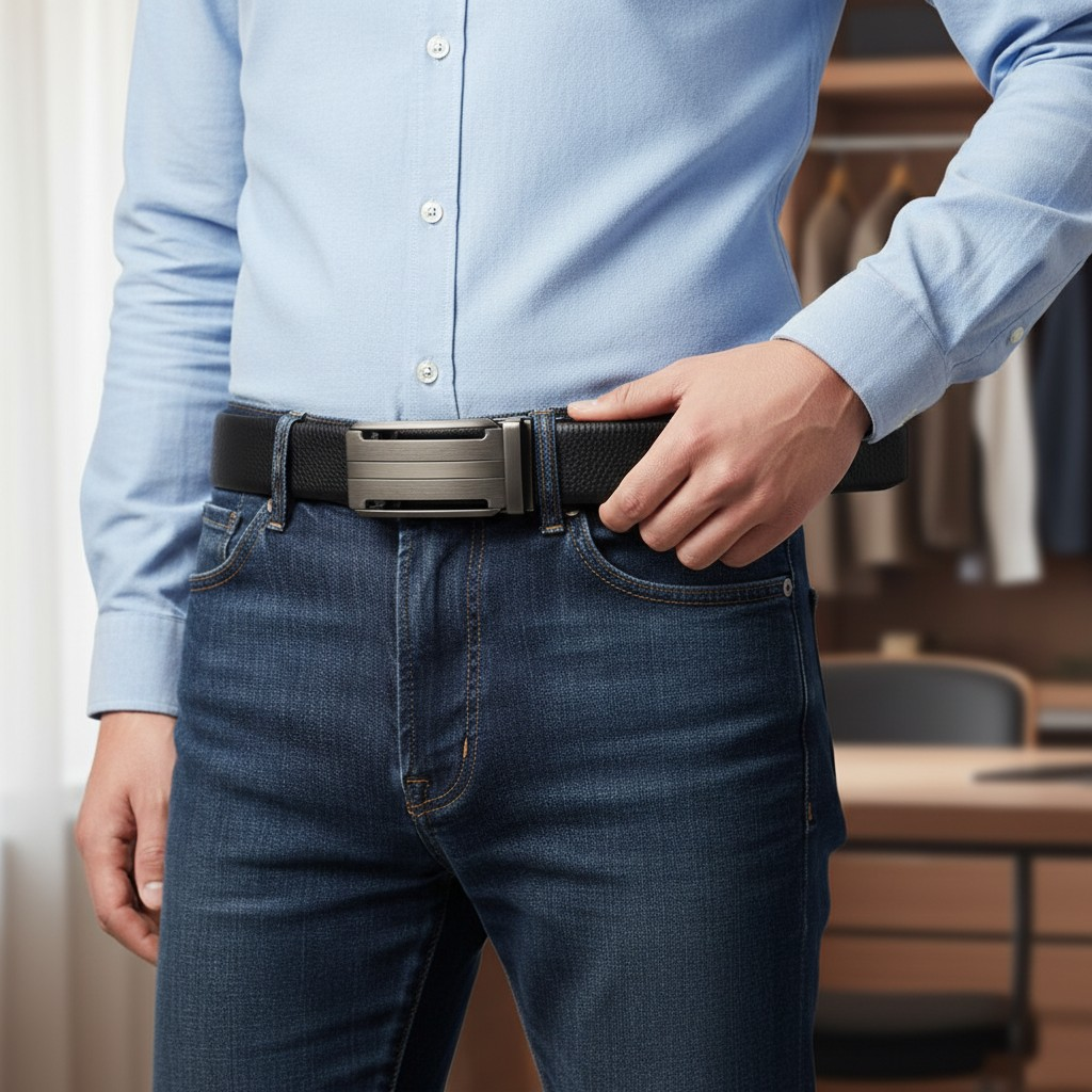 Cinturón de Cuero Genuino Casual, Ajuste Automático – Hebilla silver