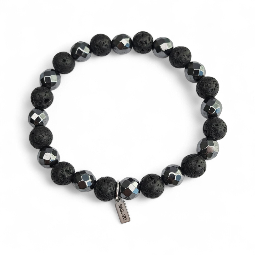 Pulsera Piedras Naturales Elasticada – Volcánica y Hematita Biselada
