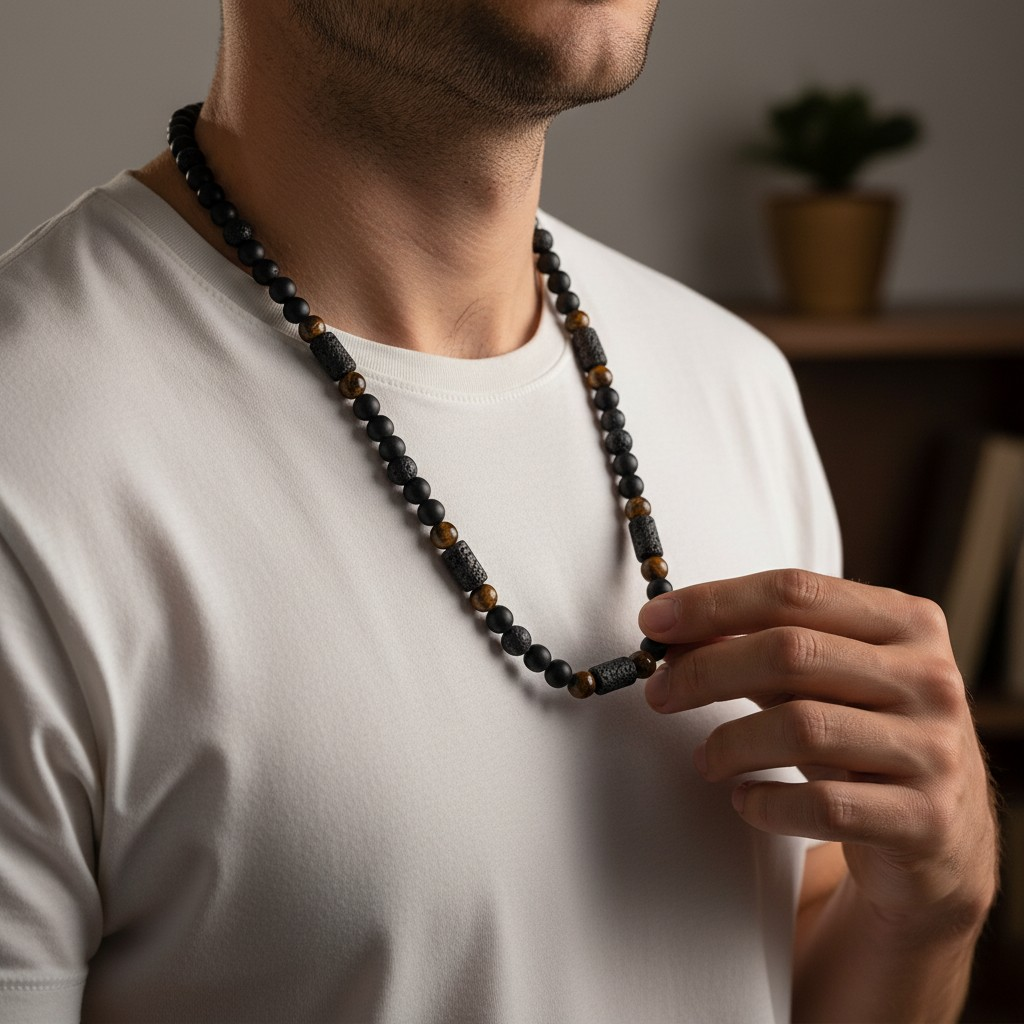 Collar de Piedras Naturales – Ónix Mate, Ojo de Tigre, Piedra Volcánica y Hematita